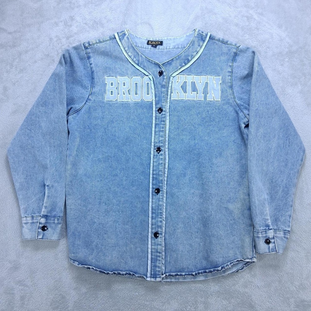 Kroix Womens Denim Baseball Shirt Brooklyn 01 Light Wash Blue Button Up XL